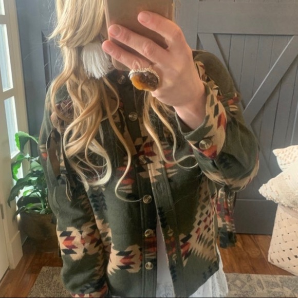 New Aztec Print Fringed Jacket Western Barn Coat Southwest Vintage Boho Shacket - Picture 7 of 11